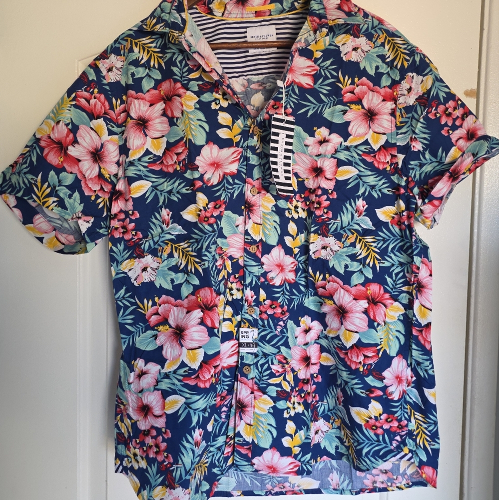 Men's Denim & Flower Blue Pink Casual Button Down Shirt Tropical XL